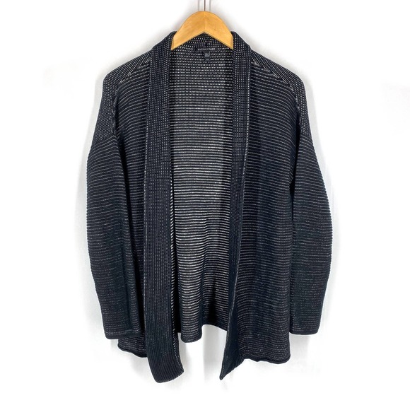 Eileen Fisher Open Front Cardigan Sweater Black White Silk Linen Fall S - Picture 1 of 8